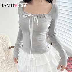 IAMHOTTY Sweet Contrast Color Lace-up Bow T-shirt Grey Casual Basic Slim-fitting Tops Long Sleeve Autumn Spring Knitted Tees Y2K