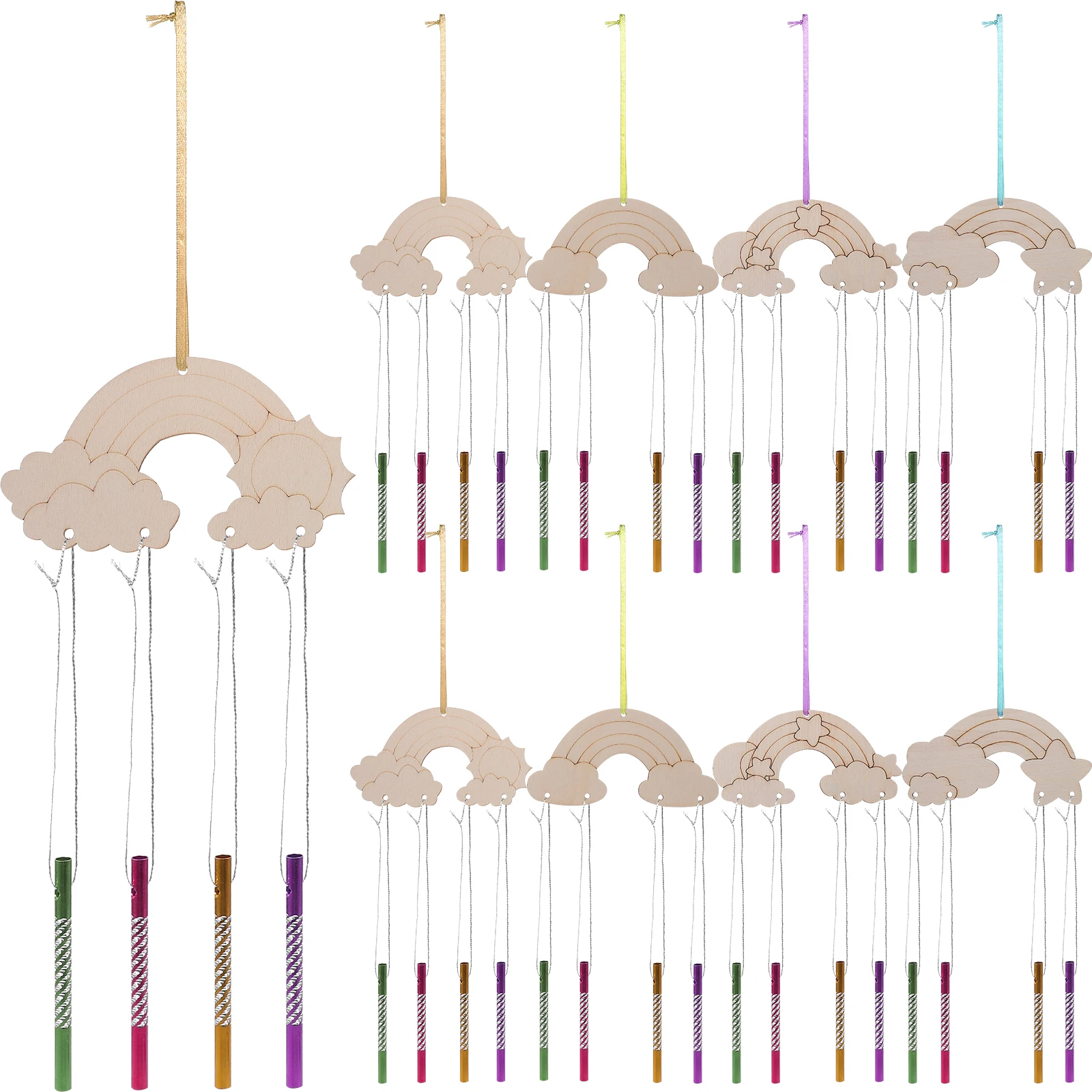 

12 Pieces Rainbow Wooden Wind Chimes DIY Craft Kit Silver Wire Balcony Garden Unfinished Home Accessories