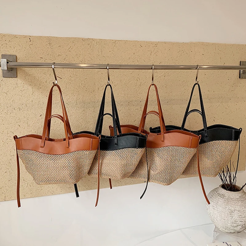 Woven Straw Handle Tote,Leather Trim Large Capacity Shoulder Bag,Bohemian Summer Beach Vacation Commute Handbag,French Elegant