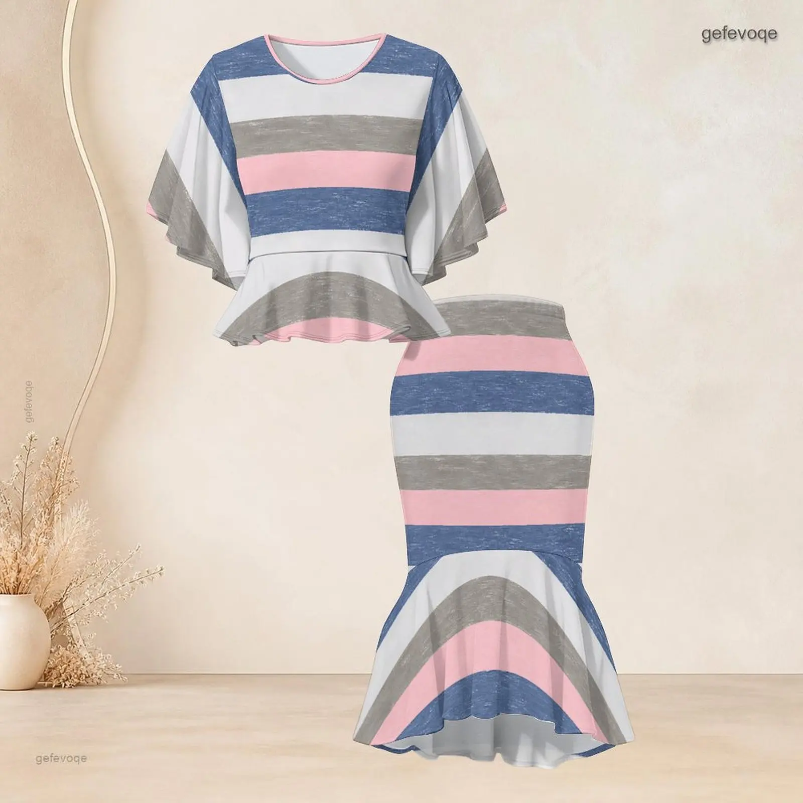 Women Printed Skirt Set Batwing Sleeve Ruffle Hem Top Fishtail Skirt Two Piece