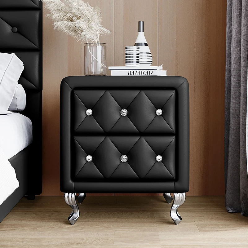 Elegant PU Nightstand with 2 Drawers and Crystal Handle,Fully Assembled Except Legs&Handles,Storage Bedside Table with Metal Leg