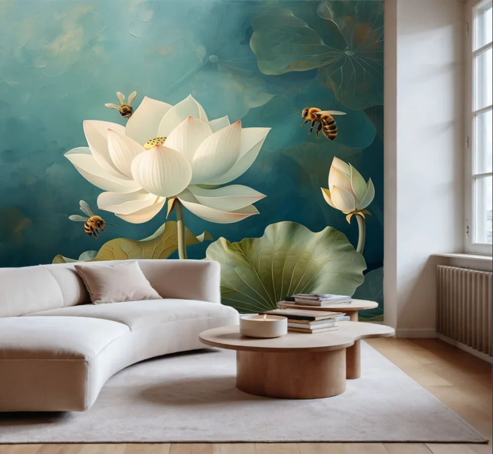 Customized Wallpaper Refreshing Lotus Butterfly Bee Mural Home Decoration Living Room Bedroom Lotus Leaves 3d wallpaper murals