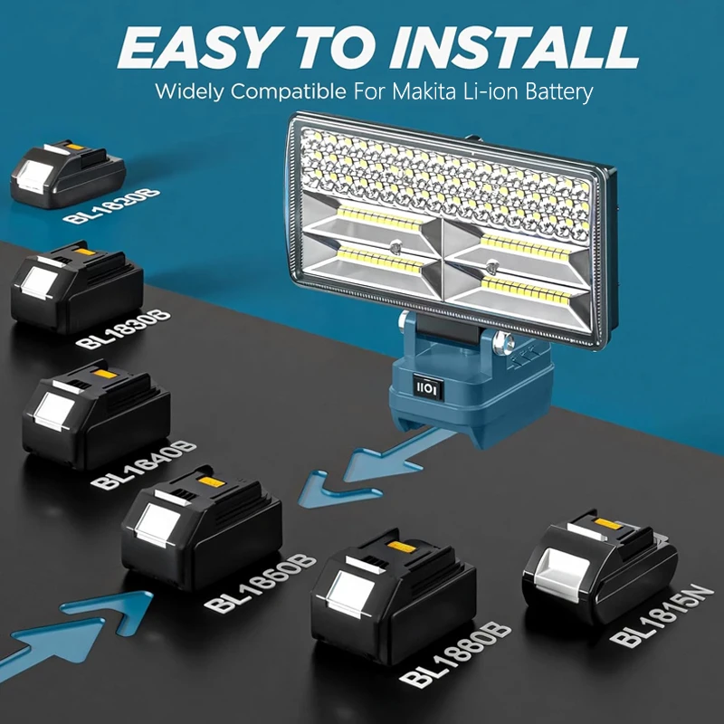 Pour Makita 18V Li-ion batterie 96W 12000LM LED lampe de travail avec 2 ports USB 8 pouces Portable lampe à main d'inondation Angle réglable