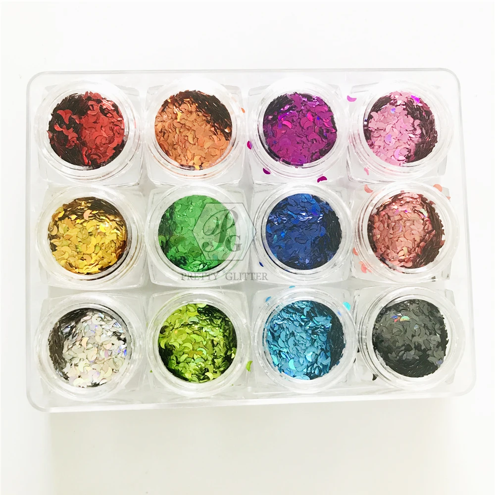 PrettyG 1 Set 12Color 3MM Moon Sequins Glitter Moonlight Shape Holographic Nail Glitter Flakes For Resin DIY Nail Art Decoration