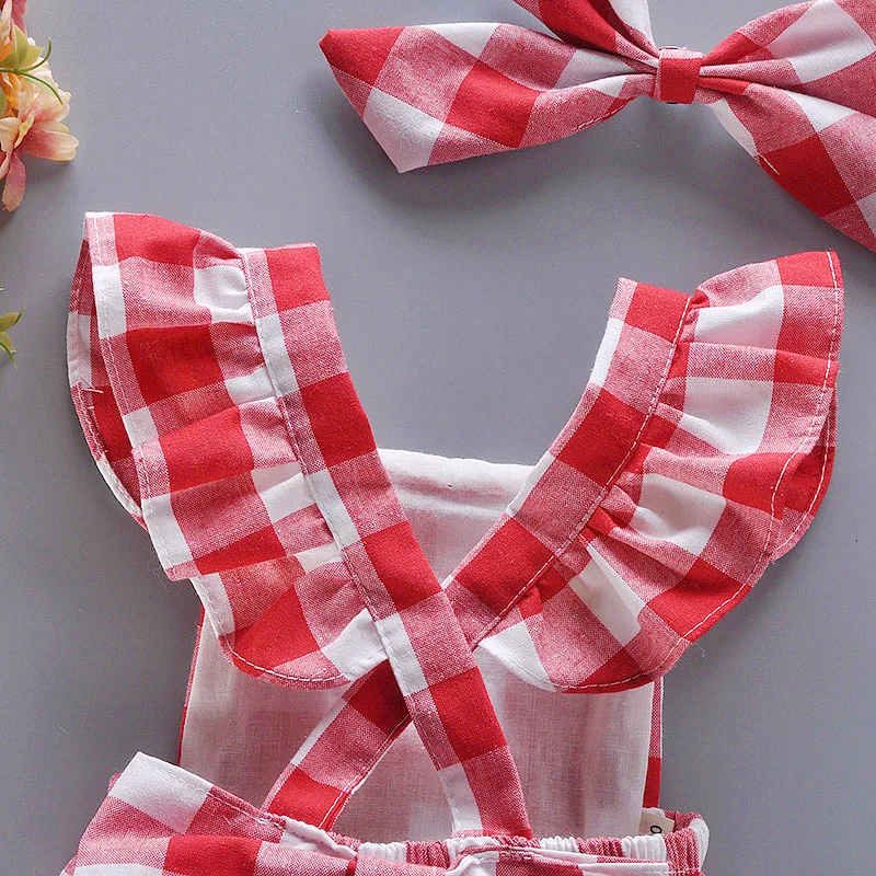 Newborn Summer Comfortable Crawling Clothes With Red Checkered Flying Sleeves  Big Bow Wrapped Bottom Coat Suitable For 0-2 Year