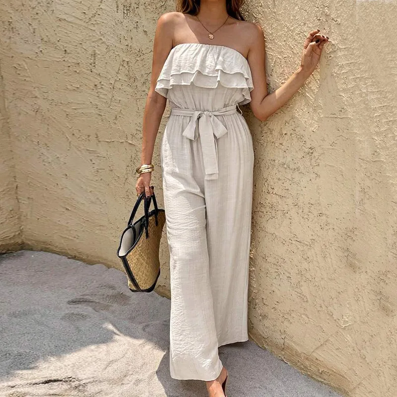 

Women'S Summer Sleeveless Strapless Jumpsuit With Ruffled Edges And Zip Ties