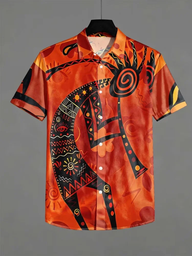 Men's Ancient Egyptian Elements Full Print Men's Short Sleeve Shirt Pharaoh Pyramid Pattern Flip Collar Casual Button Shirt