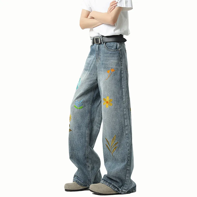

Jeans Men Washed Embroidered Jeans Loose Fit Straight Wide Leg Casual Denim Pants Fashion Trendy Streetwear Trousers Comfort