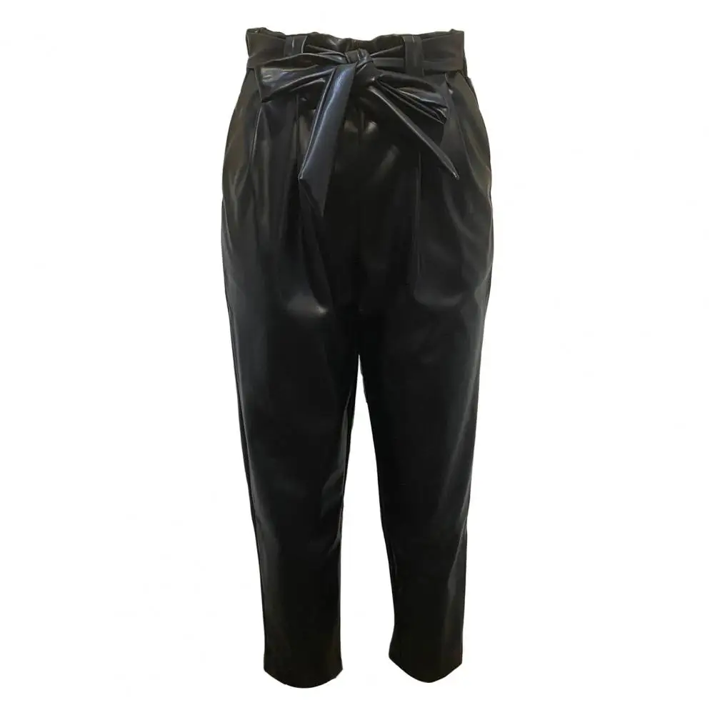 Women Straight Fit Pants Stylish Lace-up High Waist Leather Pants for Women Straight Fit Solid Color Trousers with Elastic