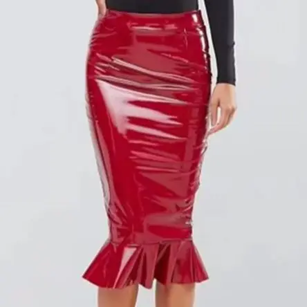 Women Shiny Faux Leather Sexy Bodycon Hobble Skirts Ladies Stretchy PU Leather Ruffles Midi Skirts New Support Custom