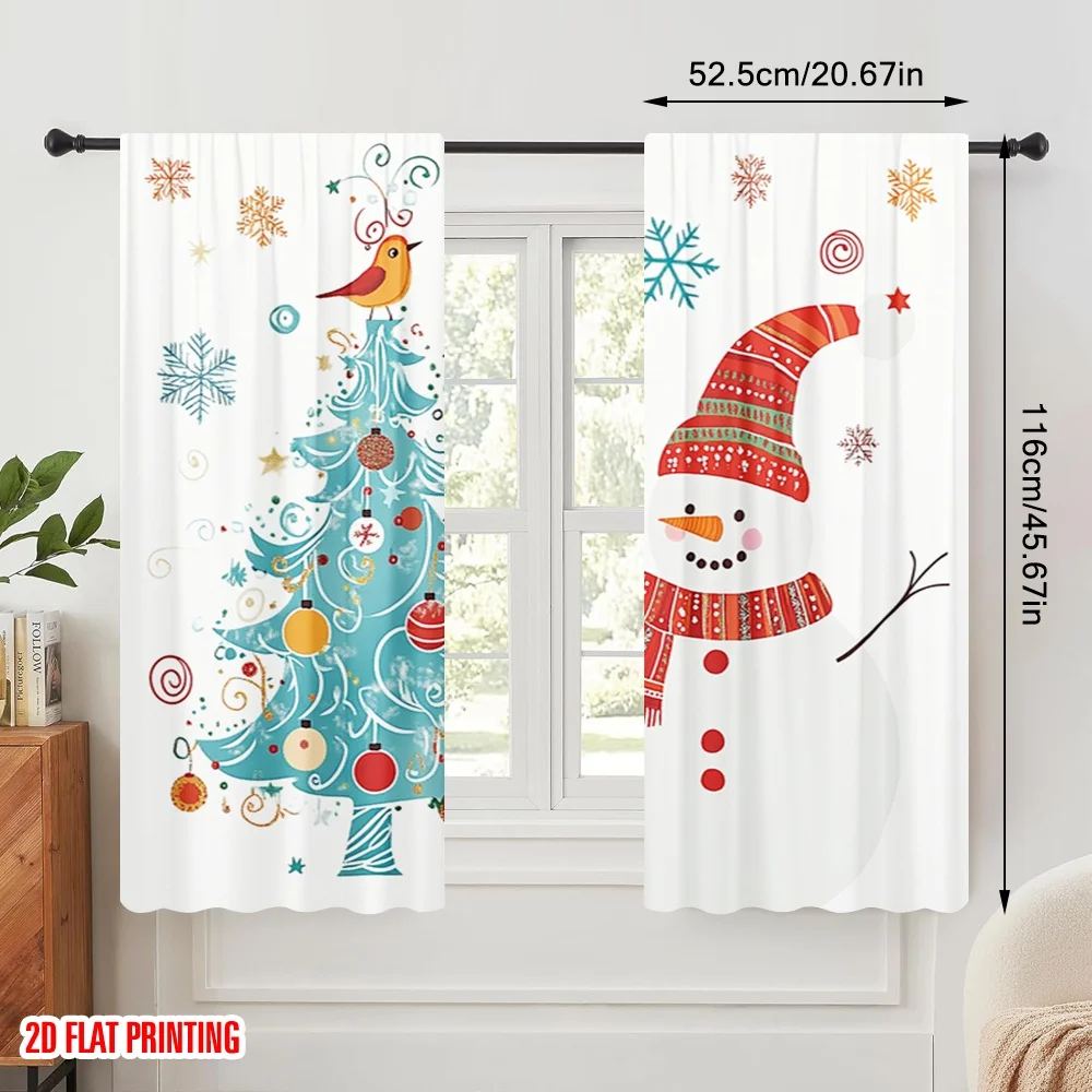 2pcs,2D plane printing Pattern Curtains Cute Snowman Christmas Tree_h Versatile 100% Polyester (without rod) Decorations For