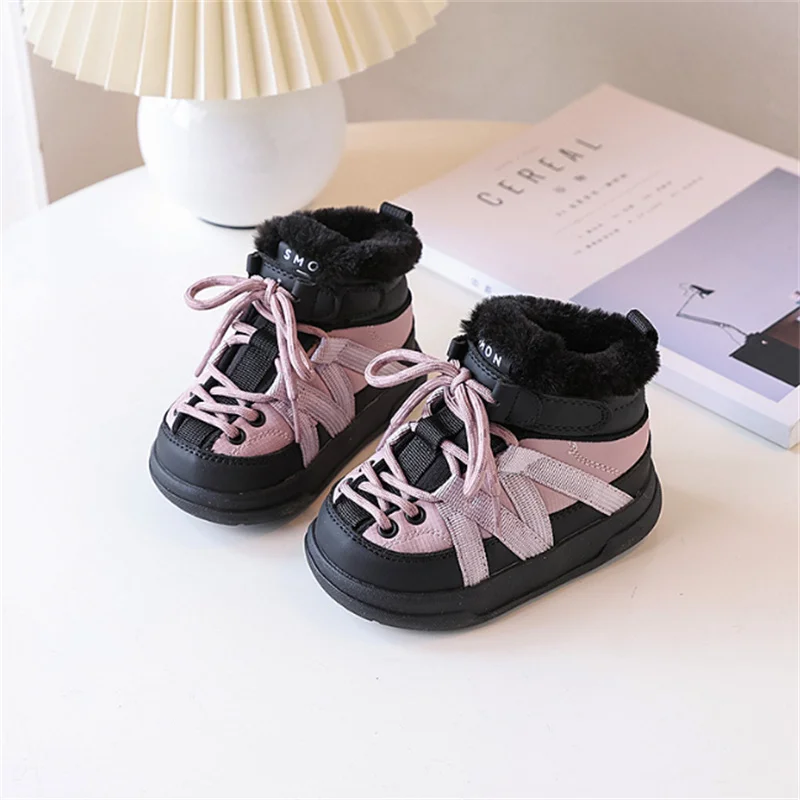 2024 New Winter Children Snow Boots Leather Warm Plush Toddler Boys Shoes Soft Sole Waterproof Fashion Girls Boots EU 21-30