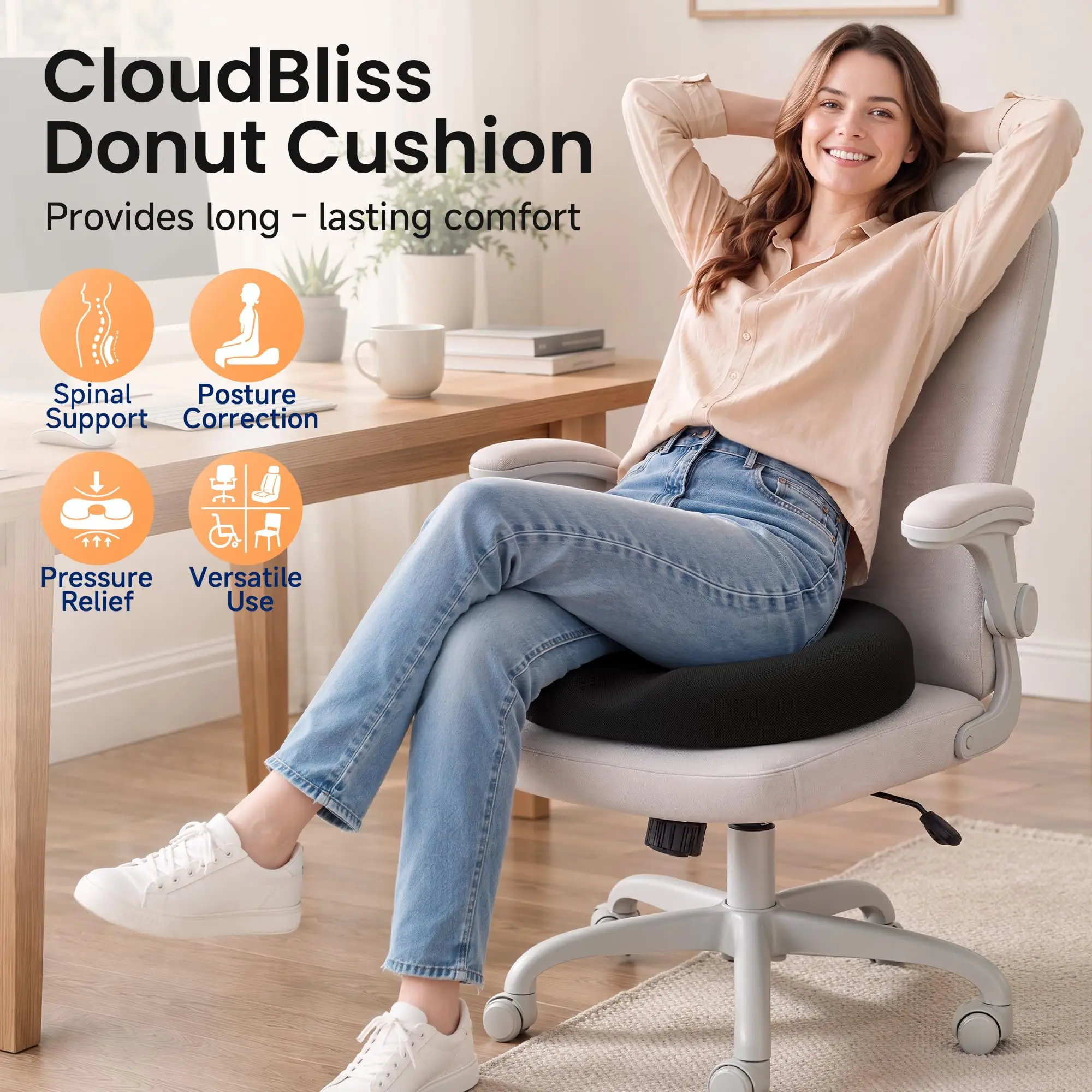 Memory Foam Donut Cushion, Orthopedic O-Shaped Seat Cushion for Office Chair & Car， Tailbone Pain Relief for Long Hours Sitting
