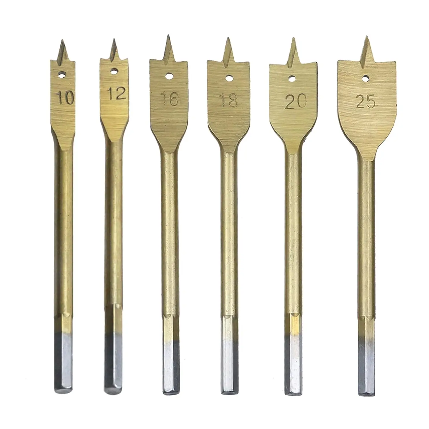 

Flat Boring Bit Hole Cutter 10/12/16/18/20/25mm Hex Shank Spade Bits for Woodwoking Drilling Tool 6pcs Wood Drill Bit
