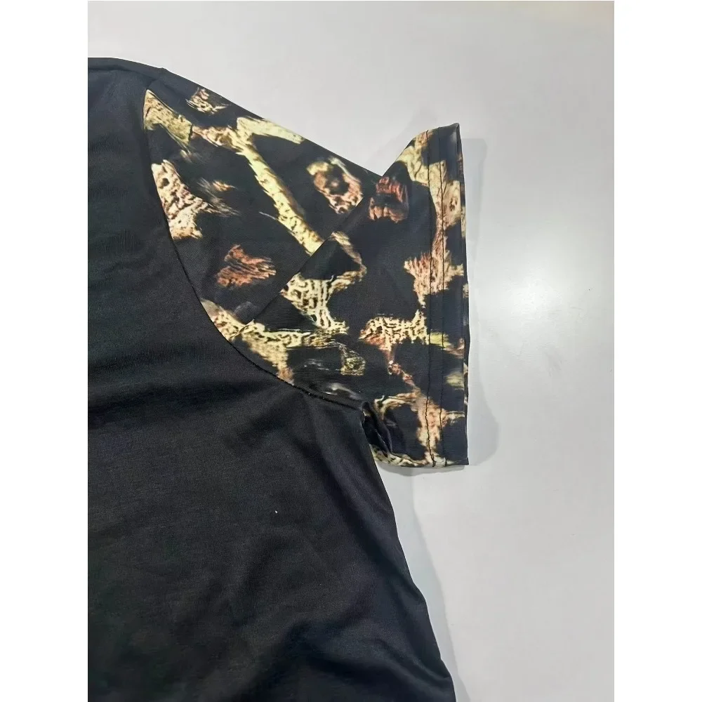 حجم كبير 1XL-5XL جديد المرأة قصيرة الأكمام اللون مطابقة ليوبارد تي شيرت مطبوع المرأة الخامس الرقبة اللون متقلب تي شيرت مطبوع #3