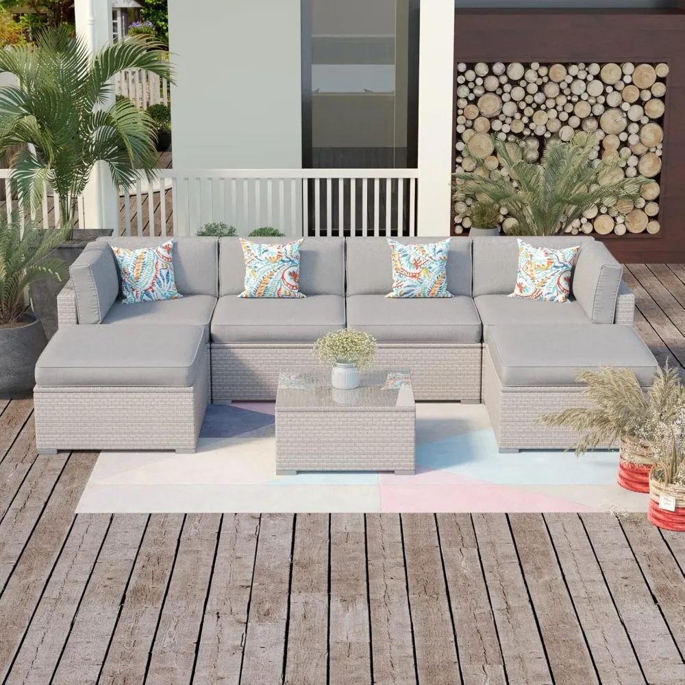 

7-Pieces Furniture Set, All-Weather Wicker Patio Conversation Sets Sectional Sofa w 4 Pillows, Cushions, Coffee Table, Ottomans