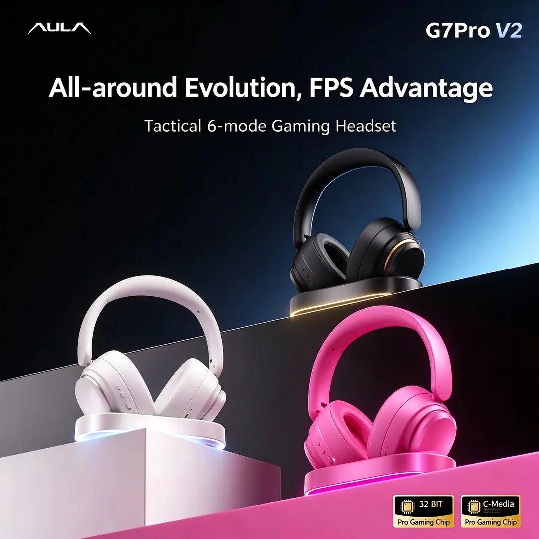 AULA G7Pro V2 Tactical 6 Mode Over Ear Gaming Headset 53mm Aluminum Sand-gold Driver C-Media Chip 32-bit Dual-core 2000mAh Gift