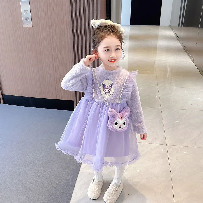 Sanrios Kuromi Autumn Winter New Cartoon Dress Kawaii Cute Leisure Versatile Lolita Western Style Princess Dress Girls Gifts