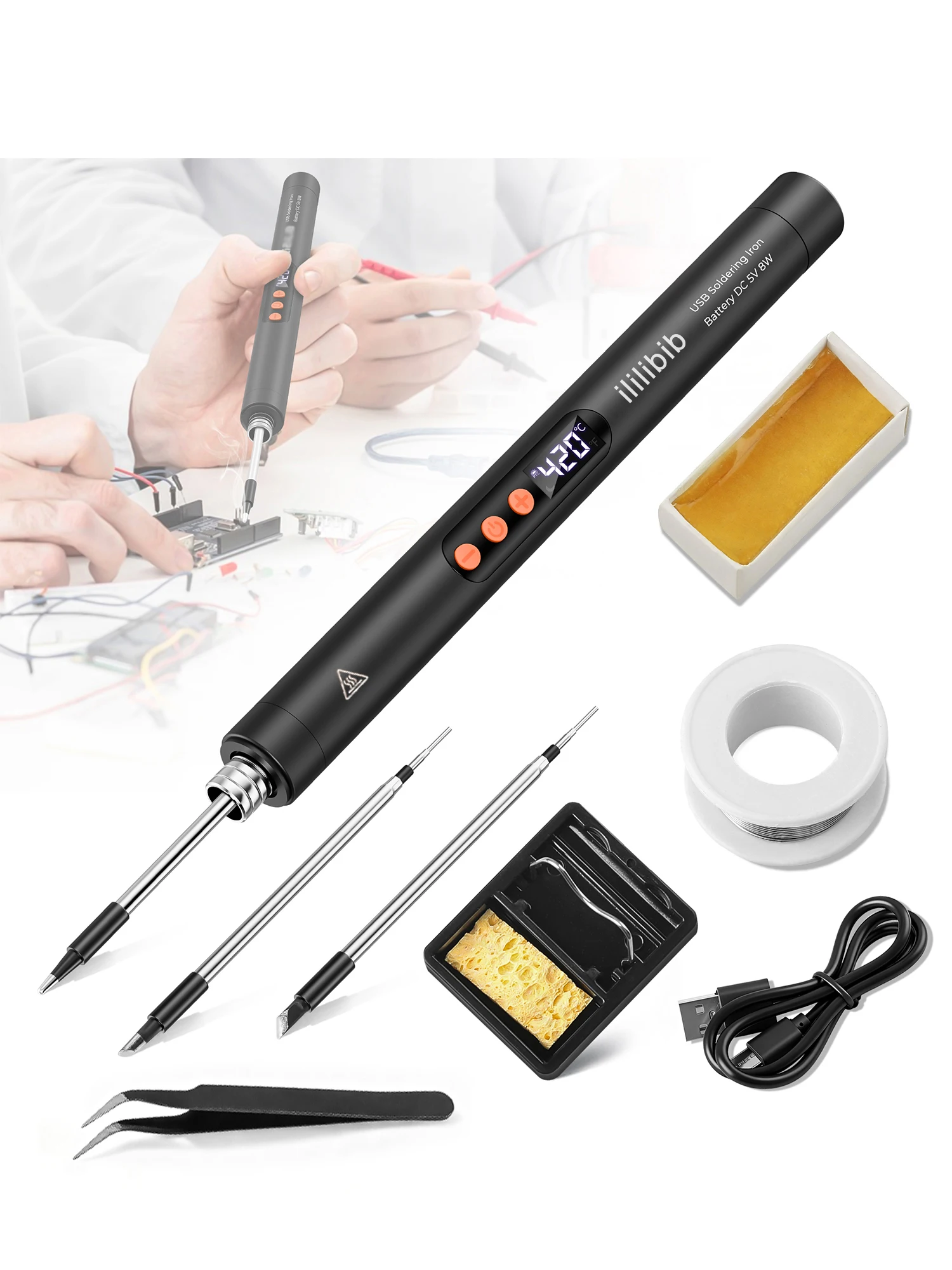 

ilibilib HX7 USB Soldering Iron Kit 8W 5V LCD 260-420°C Fast Heating Built-in Battery 30Min Wireless Sleep Mode DIY