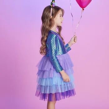 VIKITA Girls Mermaid Print Dress Kids Layered Mesh Tulle Cake Ball Gown Tutu Dresses Girl Party Performance Princess Dress 3-12Y 3