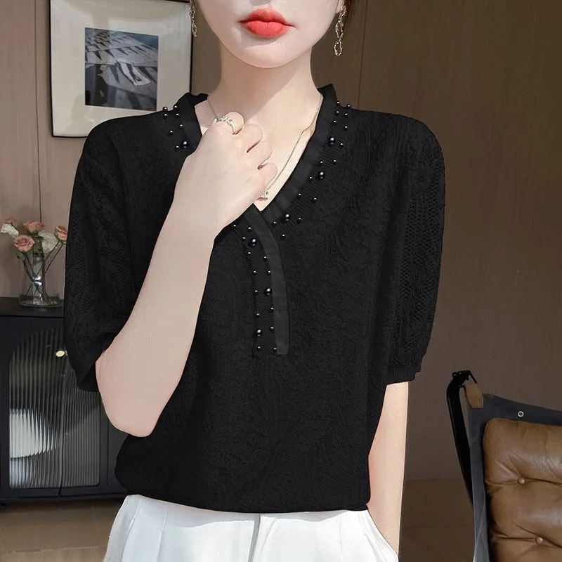 Fashion Slimming Making You Look Younger Beaded Design Trendy Stylish New Summer Lace Knitted Sweater Loose Versatile Thin Style