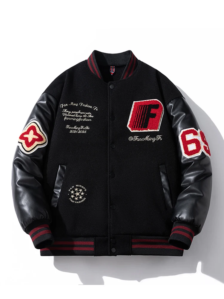 

Американский ретро лоскутный шерстяной бейсбольный хлопковый джет, свободное мужское зимнее пальто контрастного цвета, уличная верхняя одежда