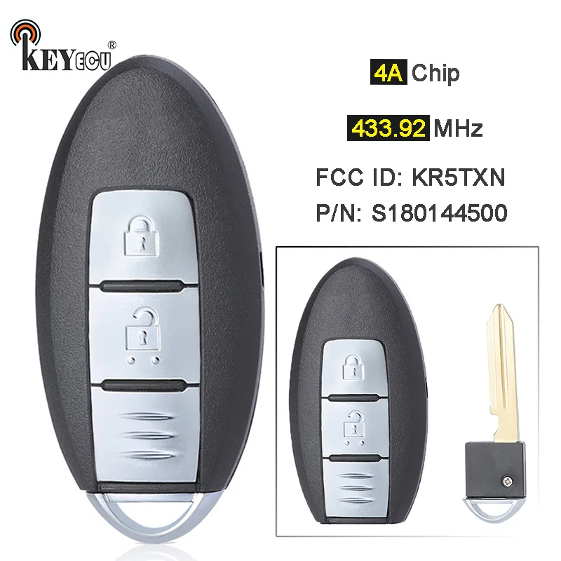 

KEYECU 433.92MHz 4A Chip P/N:S180144500 FCC ID: KR5TXN Smart Remote Key Fob 2 Button for Nissan Qashqai 2016 2017 2018 2019 2020