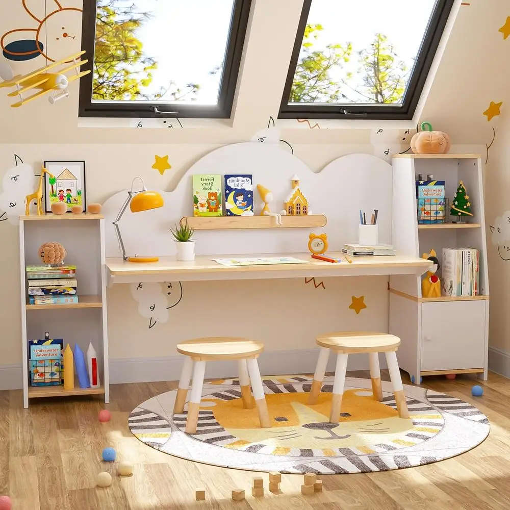 

Children's Study Desk with Storage & 2 Stools, Kids Desk and Chair Set, Toddler Study Table with Shelves, Suitable for Ages 3-8