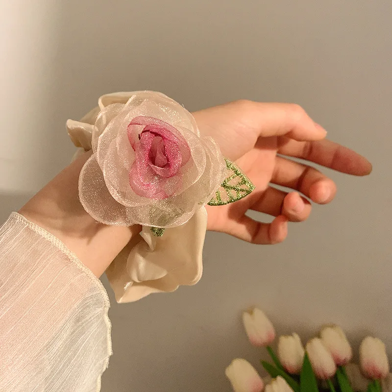 Elegant Camellia Flower Scrunchies Female Senior Dried Rose Hairpin Grab Clip Hairwear Headstring Bangs Clips Hairpin Headwear