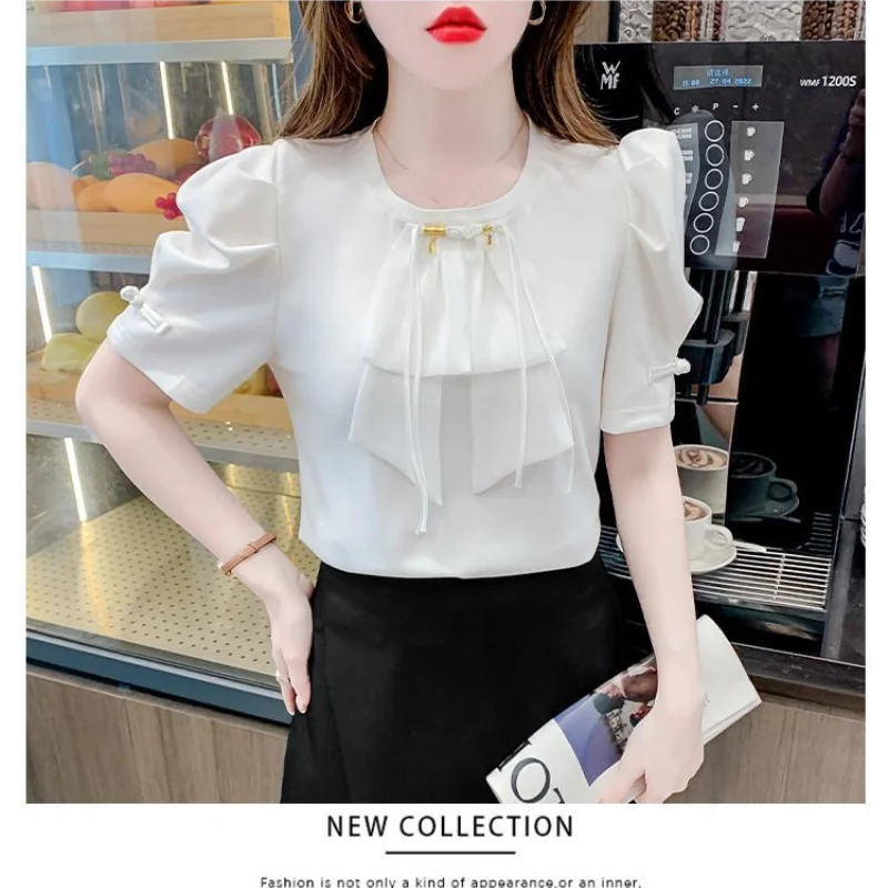 2024 New Summer Chinese Style Fashion Versatile Blouse Short Sleeve Pullovers Round Neck Folds Drawstring Women\'s Blouses Tops