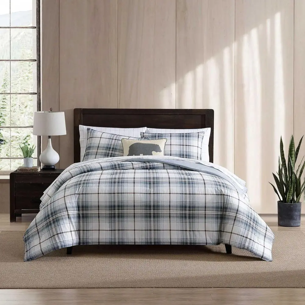 Crisp Cotton Percale Reversible Bedding Set, Lightweight 3-Piece with Matching Pillowcases in Alder Blue/Grey