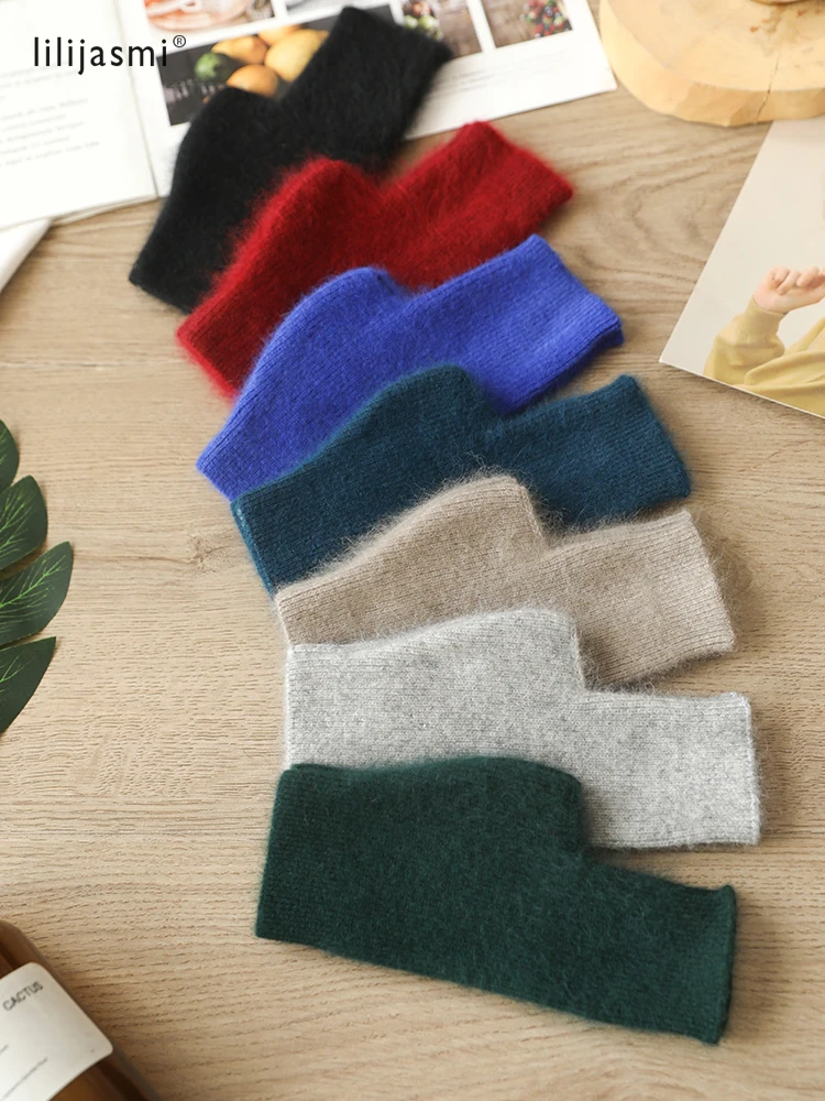 Guantes de lana de mapache sin dedos para mujer, manoplas cálidas de Cachemira de visón, longitud de la muñeca, orificio para el pulgar, coreano,
