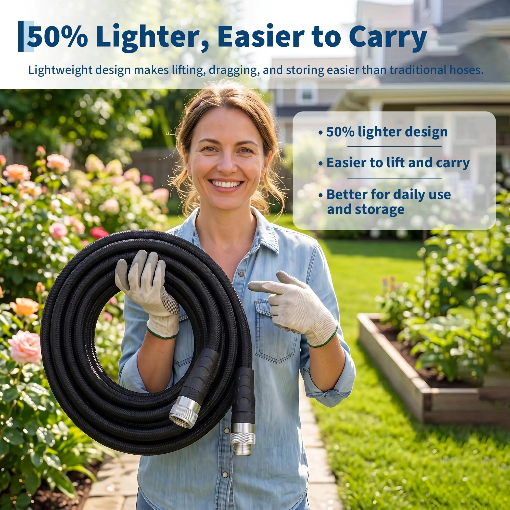50 FT Non-Expandable Garden Hose, Lightweight Water Hose TPE Inner Tube, Anti-Kink Braided Layer & Reinforced Aluminum Connectors for Watering, Car Washing & Outdoor Cleaning