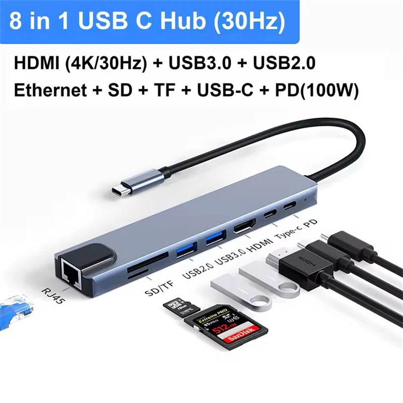 SD Card Reader PD Fast Charger for Macbook 8 In 1 USB C Hub Type C Extender HDMI-compatible Adapter Laptop Converter With RJ45