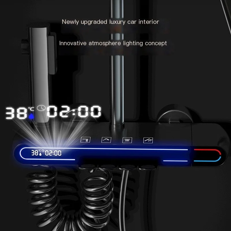 مجموعة دش ترموستاتي رقمية ذكية ، إضاءة محيطية ، مفاتيح بيانو بأربع سرعاتٍ ، دش نحاسي مضغوط للحمام