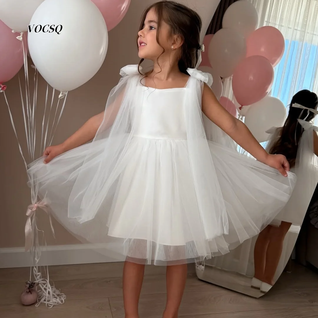 Flower Girl Dress 2026 White Mesh Cape Design Bow Strap Tulle Skirt Toddler Wedding Ceremony Kids Formal Party Gown Customized