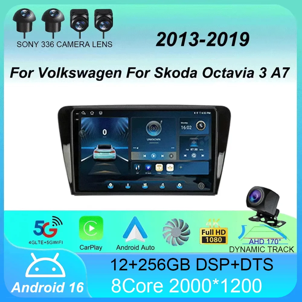 

Автомагнитола Android 16 с CarPlay и Auto для Volkswagen, Skoda Octavia 3 A7 2013-2019, мультимедийный проигрыватель с камерой 360°, 2DIN, видео, стерео