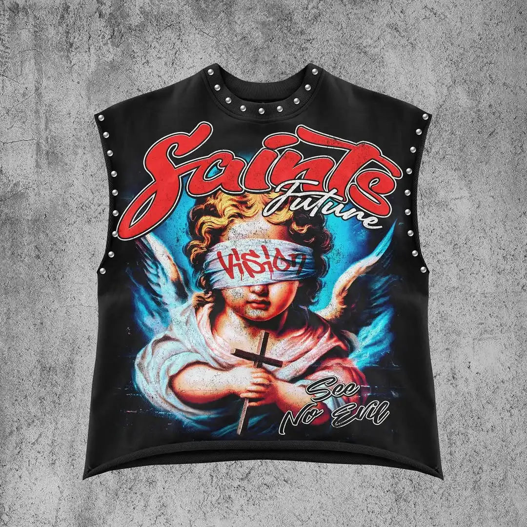 Y2K Hip-Hop Streetwear, lockeres ärmelloses Herren-Sommer-Tanktop, modisches Retro-T-Shirt mit amerikanischem Graffiti-Print und lässigem Nieten-Design, hehe – Detail 4