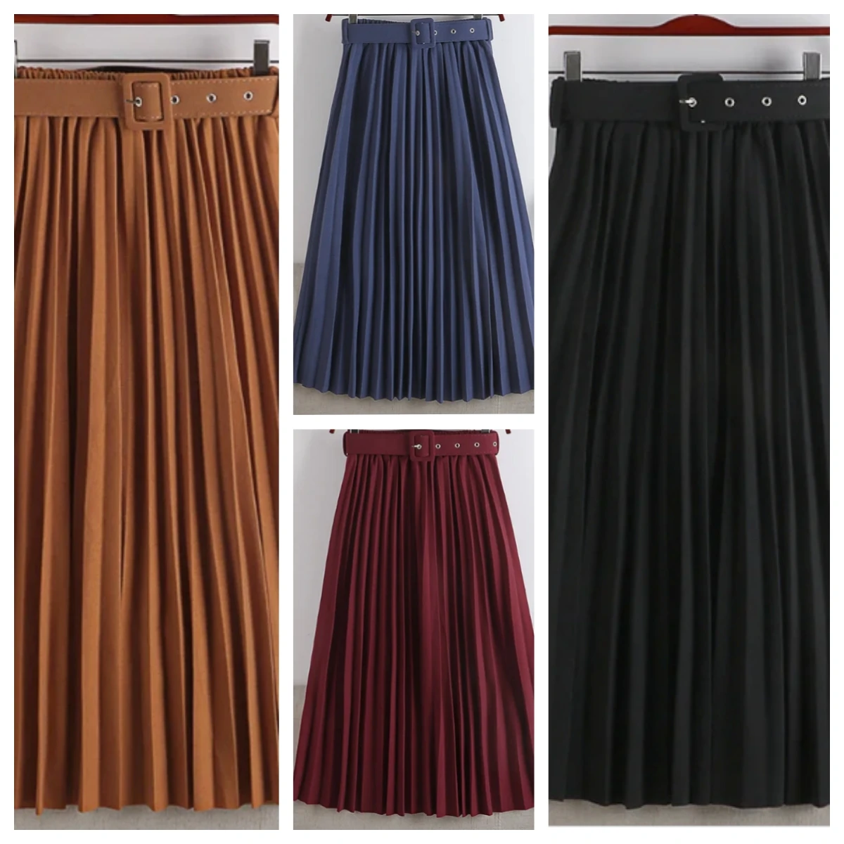 

Color belt organ pleated skirt skirt Autumn winter women's mid-length high belt with A long skirt full swing