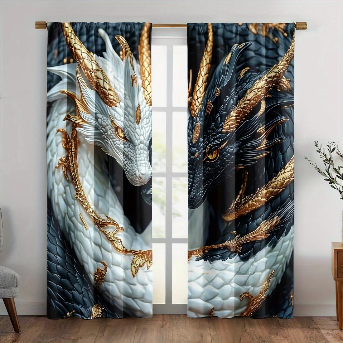 Dragon Thermal Blackout Curtains 2pcs, Light Blocking Washable Polyester Rod Pocket for Bedroom Living Room Kitchen Decor