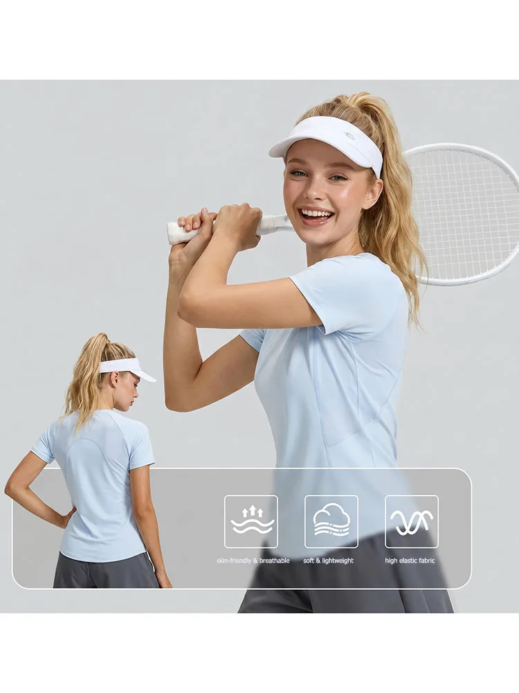 Women Workout Short Sleeve T-Shirt Mesh Curved Back Athletic Tee Soft Lightweight High Stretch Sports Top for Tennis Running Gym