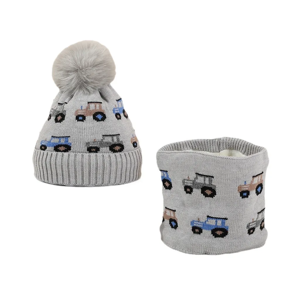 

Вязаная шапка с милым автомобильным узором, комплект шарфов, защита ушей, флисовая подкладка, зимняя шапка для мальчиков, ветрозащитная утолщенная вязаная шапка, шарф