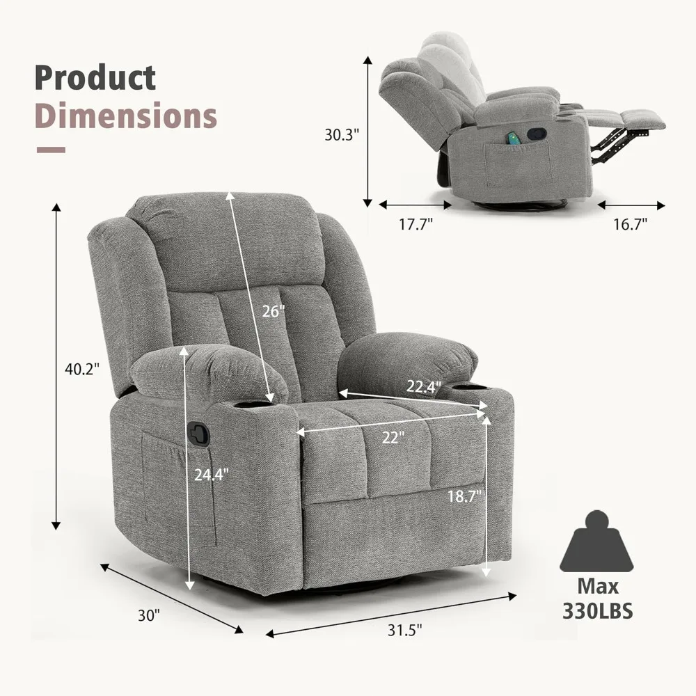 Rocker Swivel Recliner Chair for Adults, Overstuffed Large Manual Recliner Glider with Massage and Heat