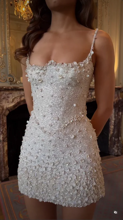 Spaghetti Strap Lace 3D Floral Beaded Wedding Dress Bodycon Short Bridal Gown Sweetheart Neck Vestido De Novia 2026 Customized