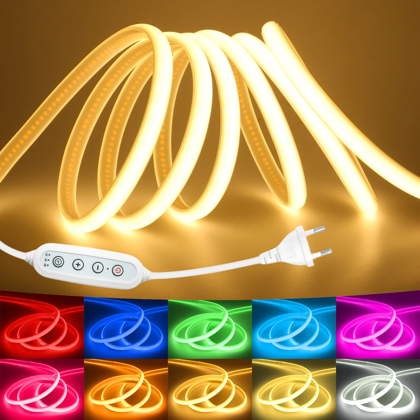 

220 В COB Светодиодная неоновая лента с регулируемой яркостью Водонепроницаемая с диммером Вилка европейского стандарта Красный Зеленый Синий Теплый Белый 288LED Гибкая лампа для домашнего декора