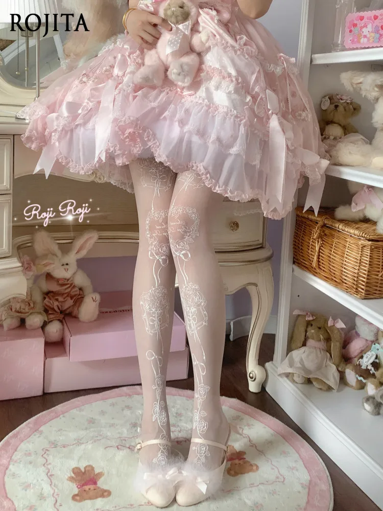 White Rose Heart Print Pantyhose Sheer Thin Transparent Lolita Stockings Female Lolita Japanese Print Pantyhose