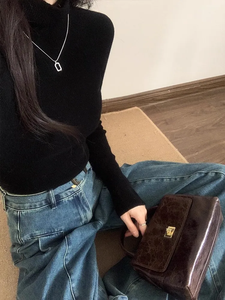 

High Waist Wide Leg Jeans Women's Loose Lazy Sle Flared Trousers Hong Kong Sle A-Line Blue Jeans Autumn Wear Long Pants
