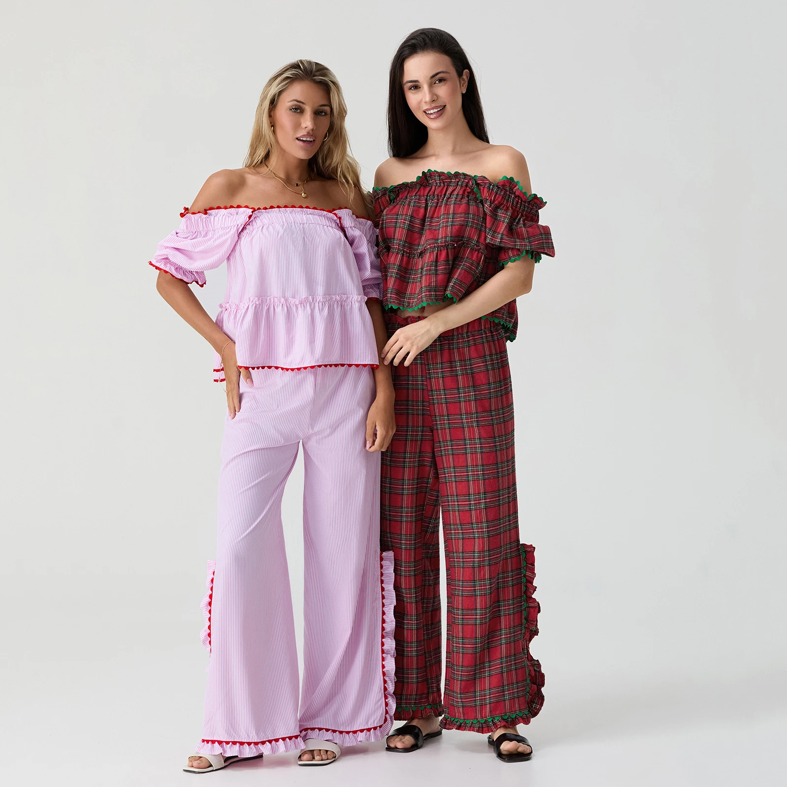 

Женский рождественский комплект одежды для отдыха в клетку с принтом Y2K, топы Babydoll с пышными рукавами и рюшами, широкие брюки, рождественская пижама в клетку