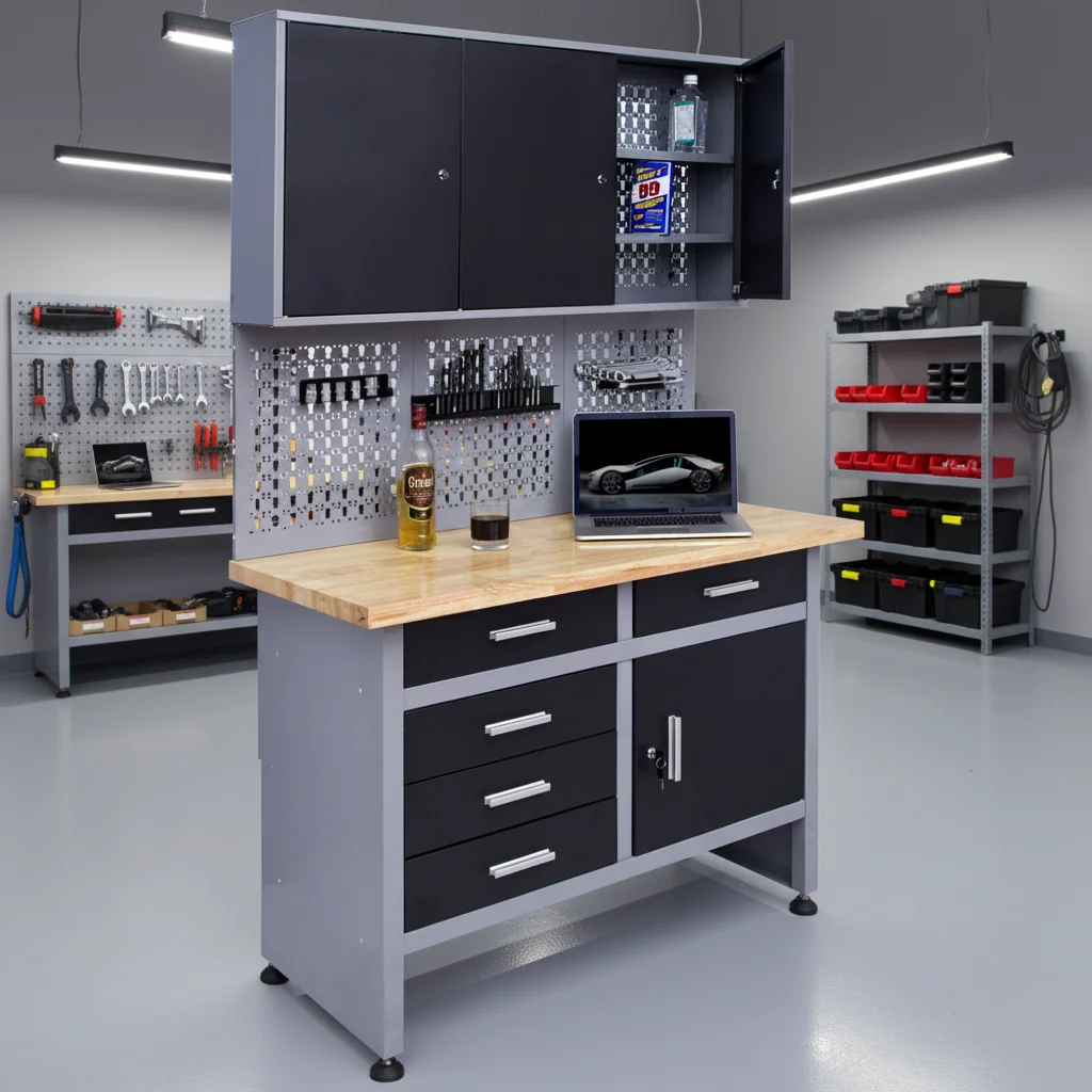 Stable Large Tool Cabinet Wooden Countertop Heavy Duty Metal Shop Storage 5 Drawers Keyed Lock 300kg Load Capacity