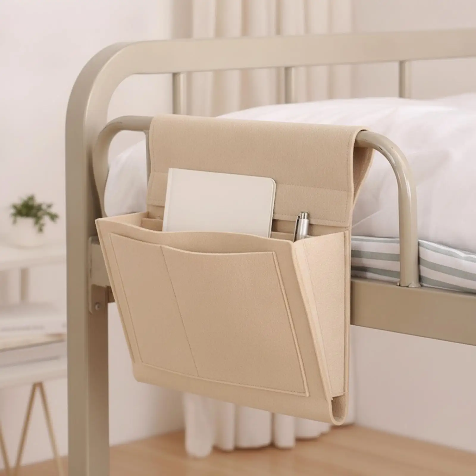 Structured Felt Storage Caddy for Bedside Essentials with Hook and Loop Fastening Flap and Open Pockets